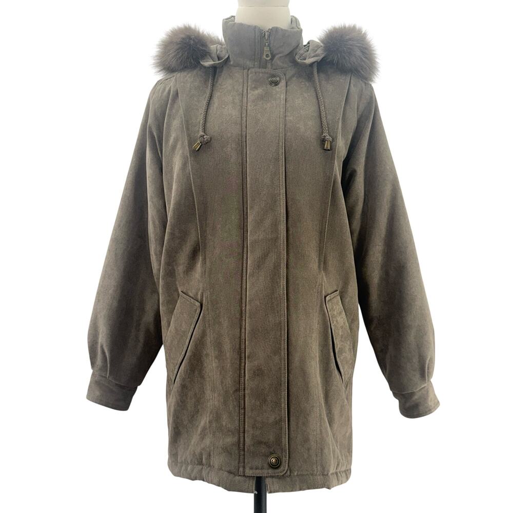 St John's Bay Faux Suede Hooded Jacket Fur Trim Women's Small Taupe Brown